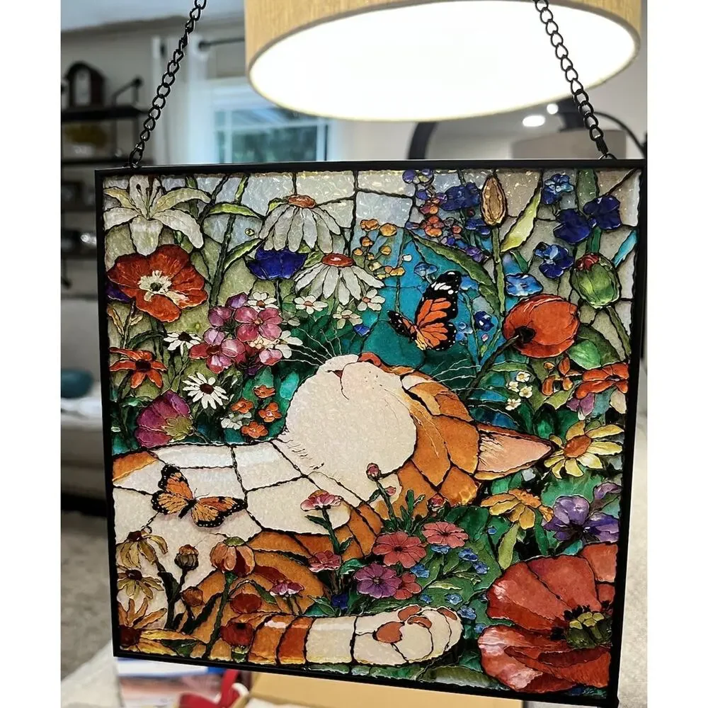 Orange Cat Stained Glass Flowers Suncatcher, Window Tabby Hanging 7 1/4”